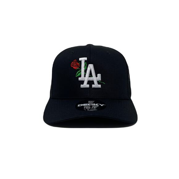 Los Angeles LA Rose Flower White Trucker Hat in Black - Picture 2 of 7